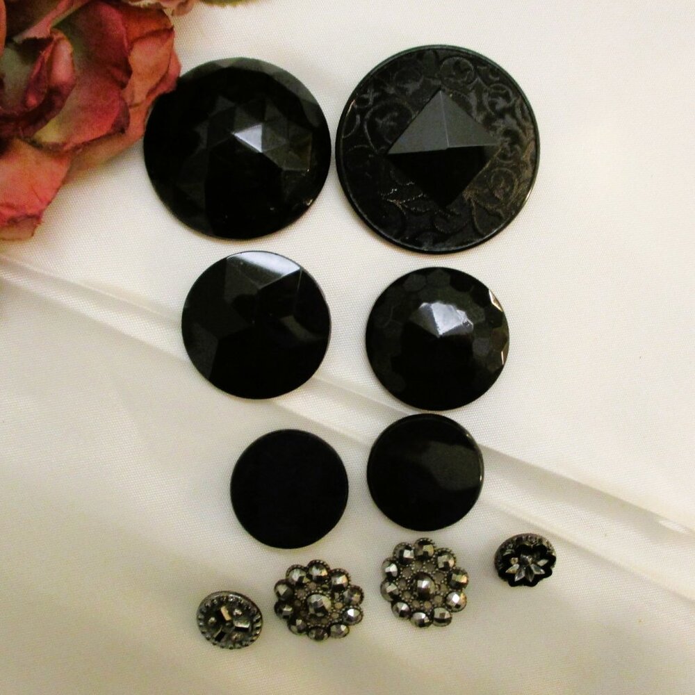 VICTORIAN Black Glass & Marcasite Buttons: Antique French Jet Sewing Variety